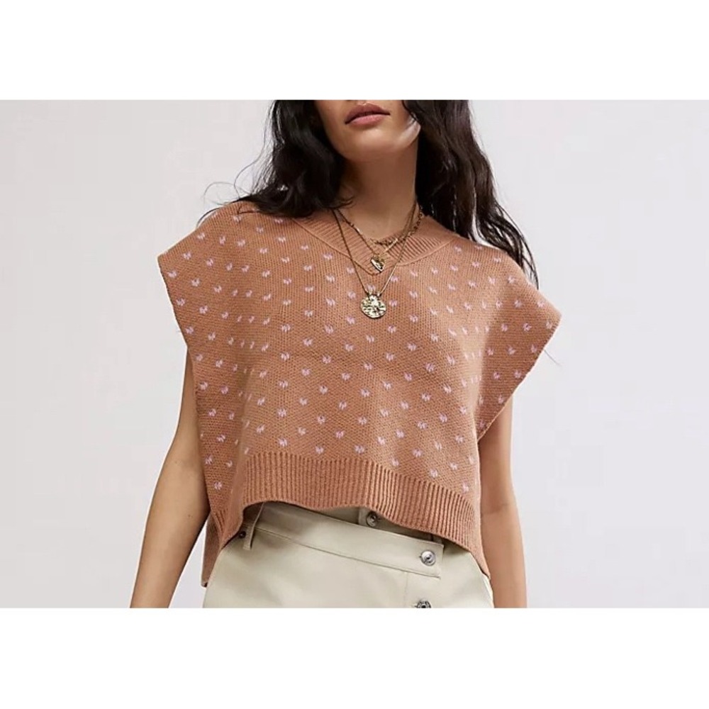 Free People Sweater Vest Wool Boxy V Neck School Girl Women Small Tan Camel